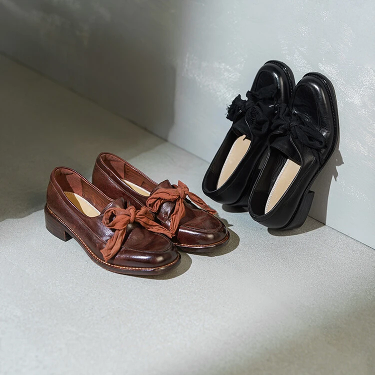 平底春秋女鞋厚底乐福鞋（豆豆鞋）2024年夏季复古风粗跟纯色