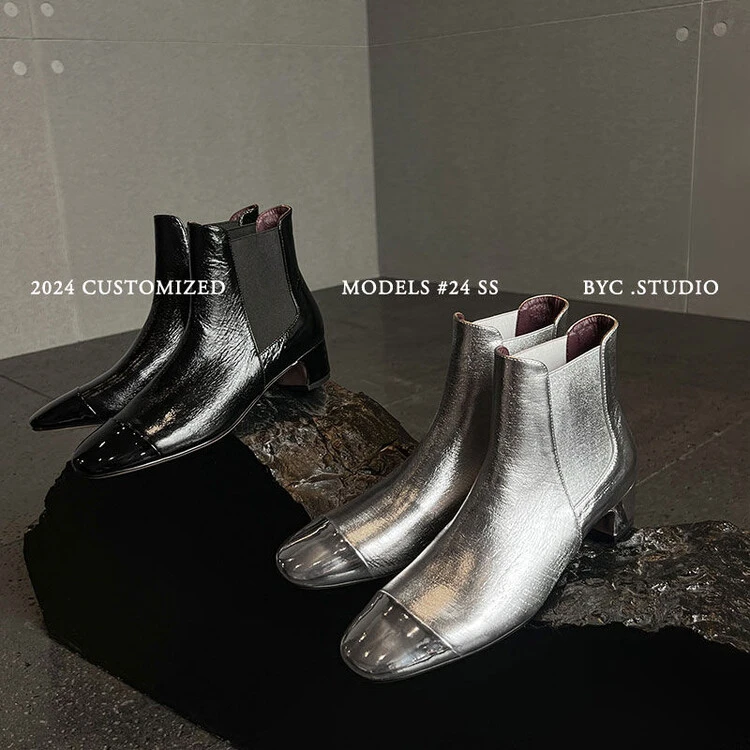 【清野】NZZ4.5时尚百搭真皮粗跟高跟圆头英伦风黑色时尚百搭真皮靴