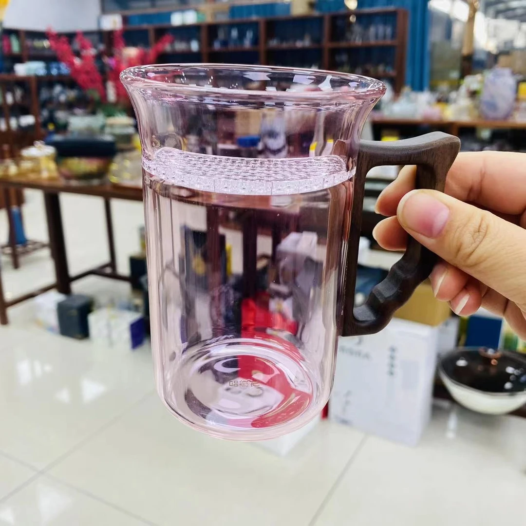 粉色月牙胡桃木把手绿茶杯
