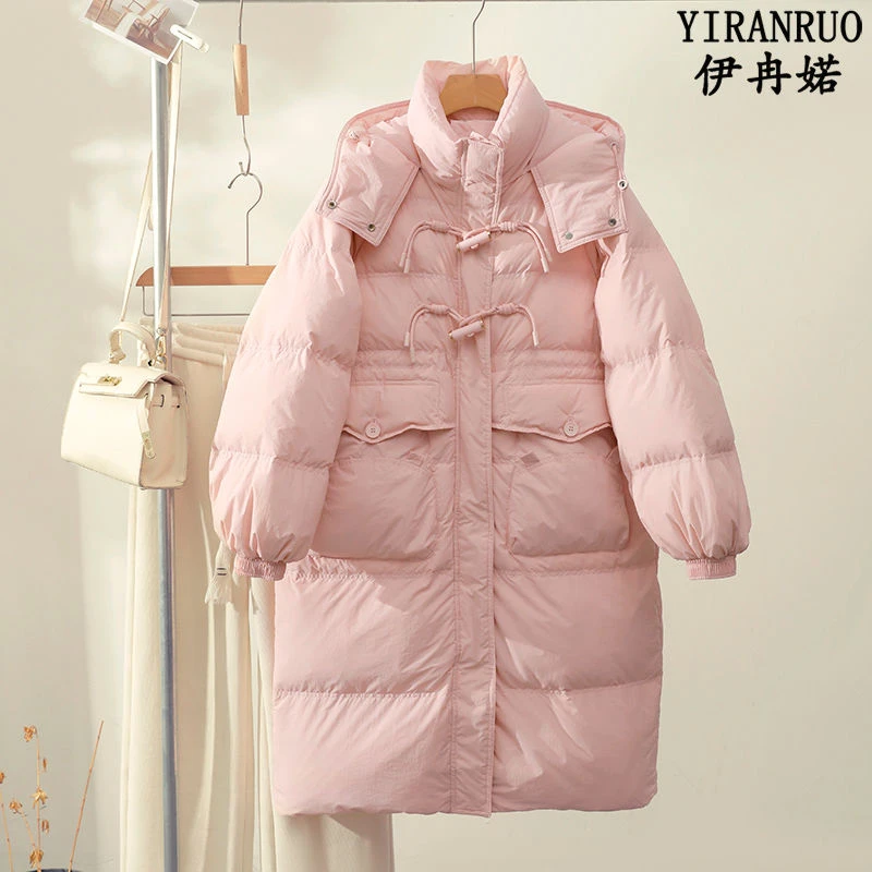 品牌断码2023年新款羽绒服女中长款过膝连帽韩版加厚白鸭绒牛角扣