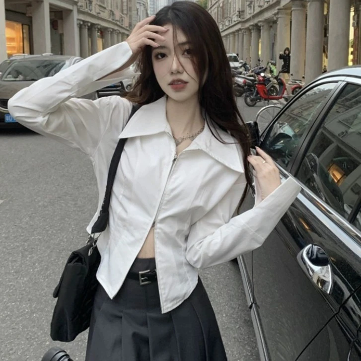纯欲双拉链白衬衫女长袖内搭春秋设计感别致短款上衣收腰打底衬衣