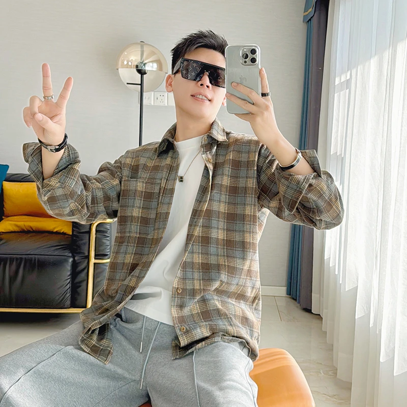 朱渣渣2025春秋季新款男士格子长袖衬衫复古格纹衬衣韩版宽松外套