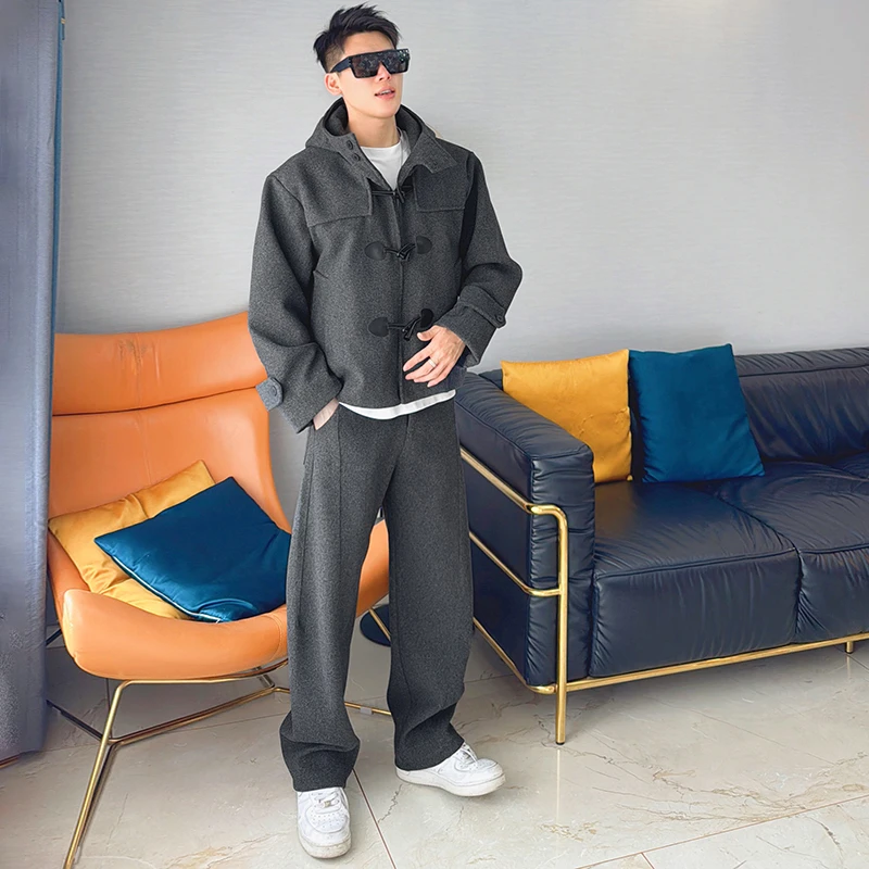 朱渣渣冬季牛角扣宽松连帽毛呢外套男生套装加厚夹克弯刀裤两件套