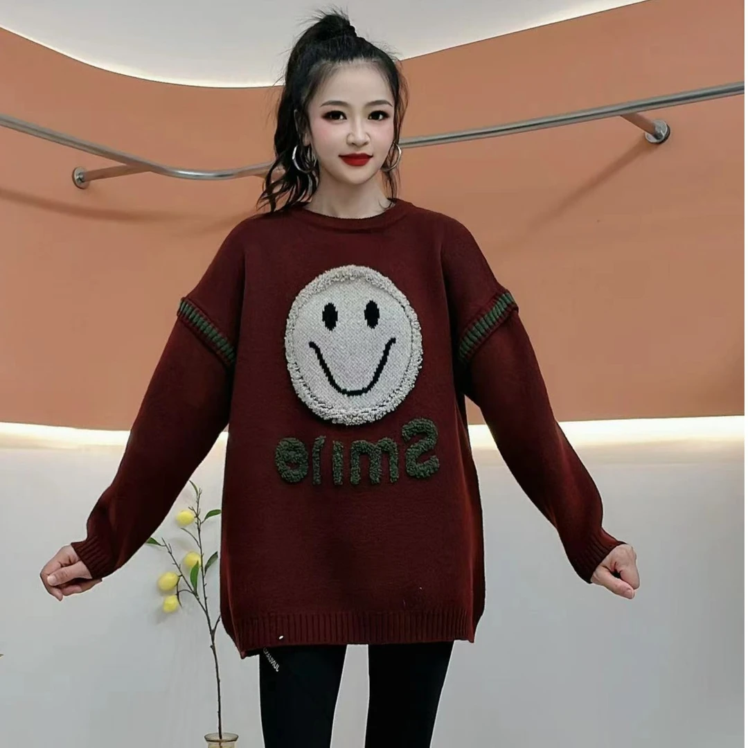 2023秋冬新款日系韩版宽松花边撞色笑脸毛衣