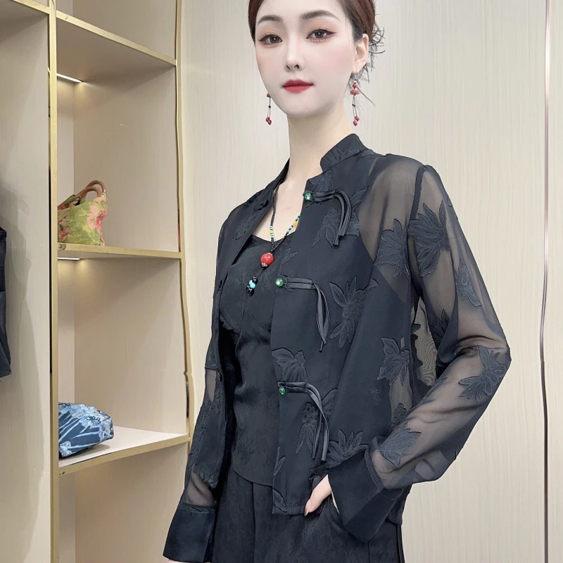 苏锦高订-国风立领开衫浮雕花外套镂空上衣