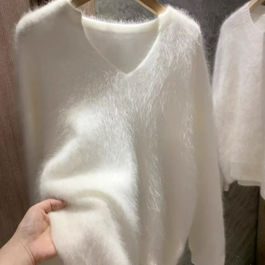 山羊绒拉绒系列女士V领时尚宽松套头拉绒毛衣高领厚毛衣气质长袖
