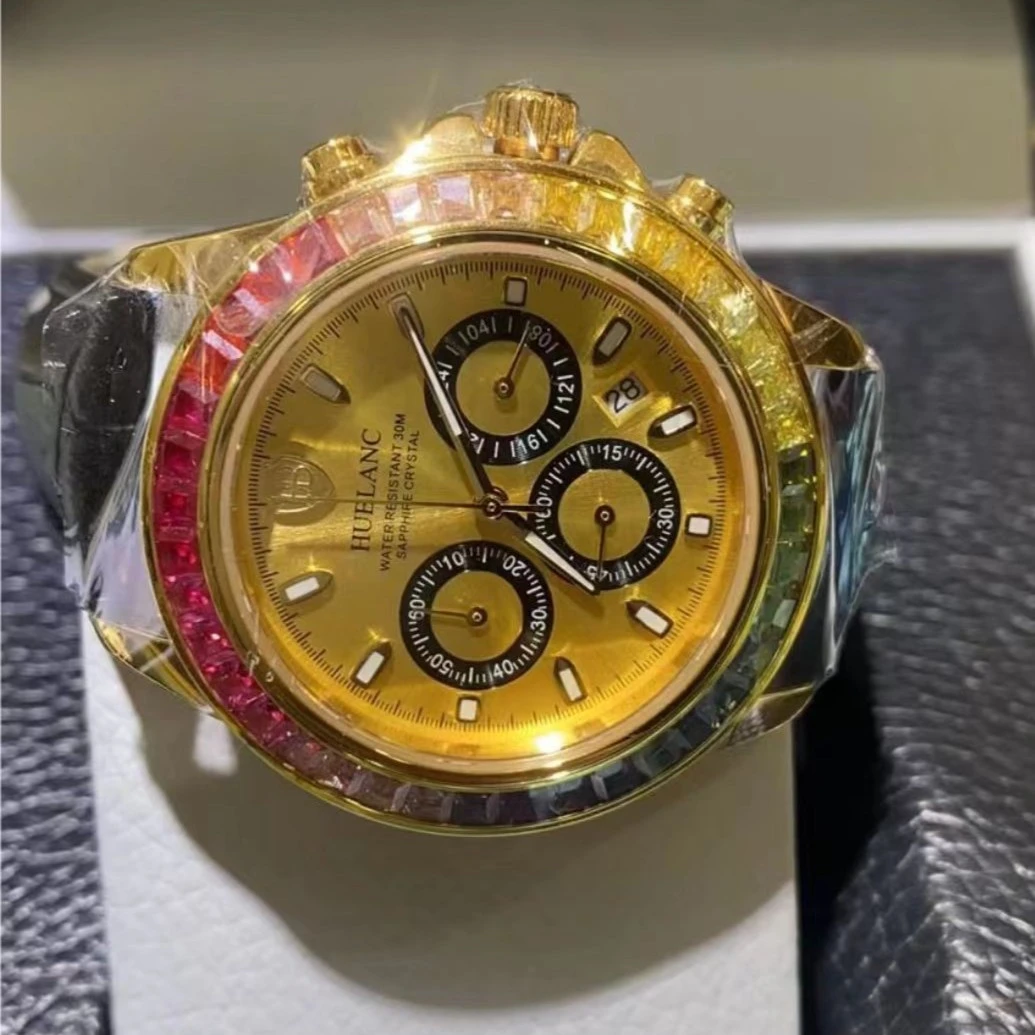 圆形金表黄金女士腕表高端进口瑞士石英机芯手表彩虹镶钻时尚