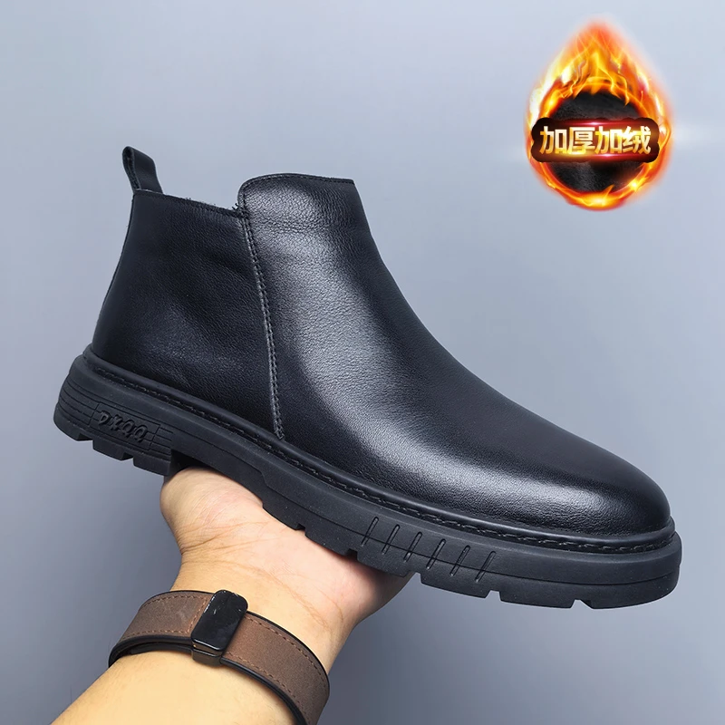 头层软牛皮切尔西靴男士2025秋冬真皮百搭中帮皮靴子加绒保暖棉鞋