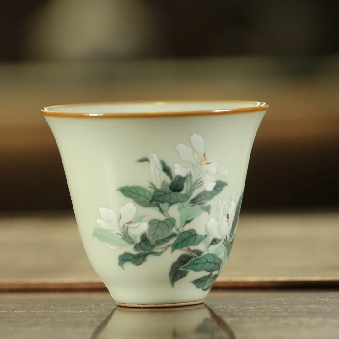 文心素器 蒲石气柴 陈逸安老师汝窑玉石青釉粉彩栀子花闻香杯