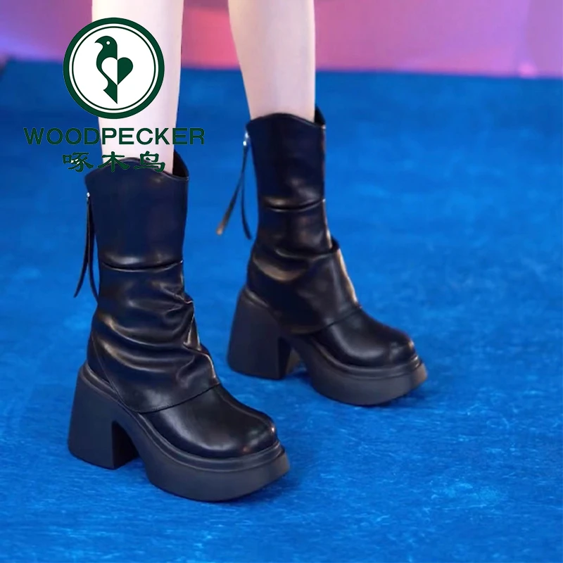啄木鸟小个子厚底增高加绒瘦瘦靴女2025秋冬防水台粗跟拼接马丁靴