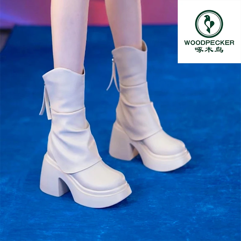 woodpecker/啄木鸟厚底增高短筒瘦瘦靴女2025秋冬新款英伦马丁靴