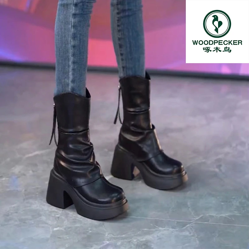 woodpecker/啄木鸟防水台厚底中筒马丁靴女2025年冬季新款时装靴