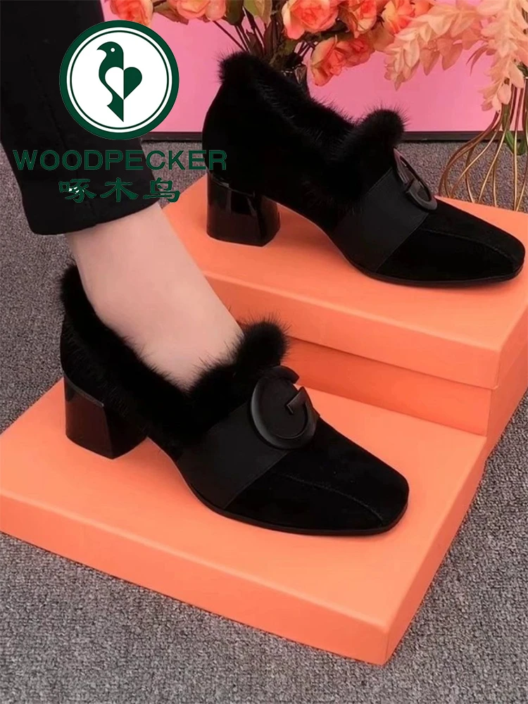 啄木鸟加绒保暖棉鞋女2025年冬季新款豆豆鞋中跟粗跟乐福鞋毛毛鞋
