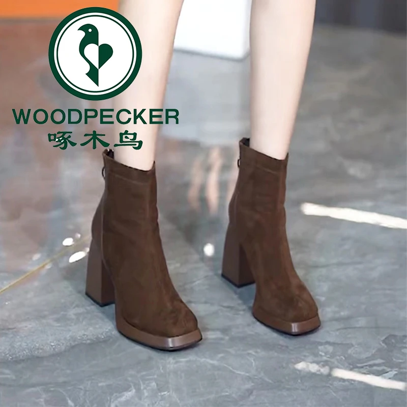 啄木鸟厚底百搭马丁靴女2025年秋冬新款粗跟高跟鞋瘦瘦鞋方头短靴