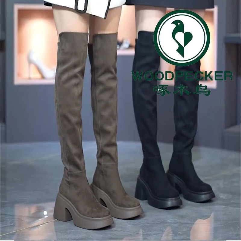 啄木鸟厚底过膝长靴女高筒靴2025冬季新款圆头粗跟加绒弹力瘦瘦靴