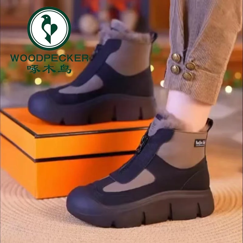 啄木鸟皮毛一体东北雪地靴女厚底防滑加厚保暖棉鞋2025冬季马丁靴