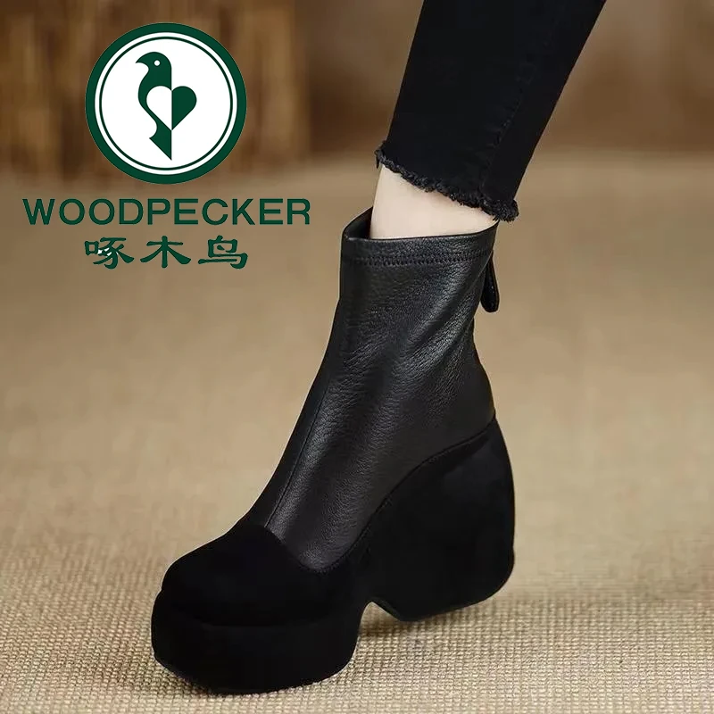 啄木鸟10cm高跟靴子加绒瘦瘦靴女2025冬季新款短靴坡跟厚底马丁靴