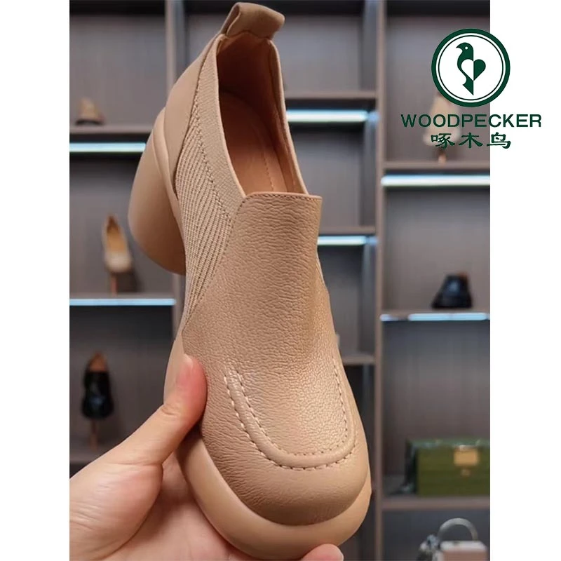 啄木鸟复古粗跟厚底针织弹力鞋女2025春秋百搭高跟圆头英伦风单鞋