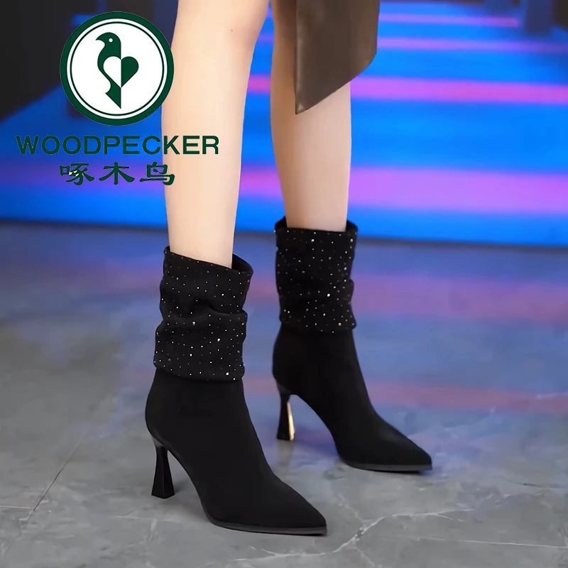 啄木鸟欧美气质时尚高跟堆堆靴2025秋冬尖头短筒瘦瘦靴细跟百搭靴