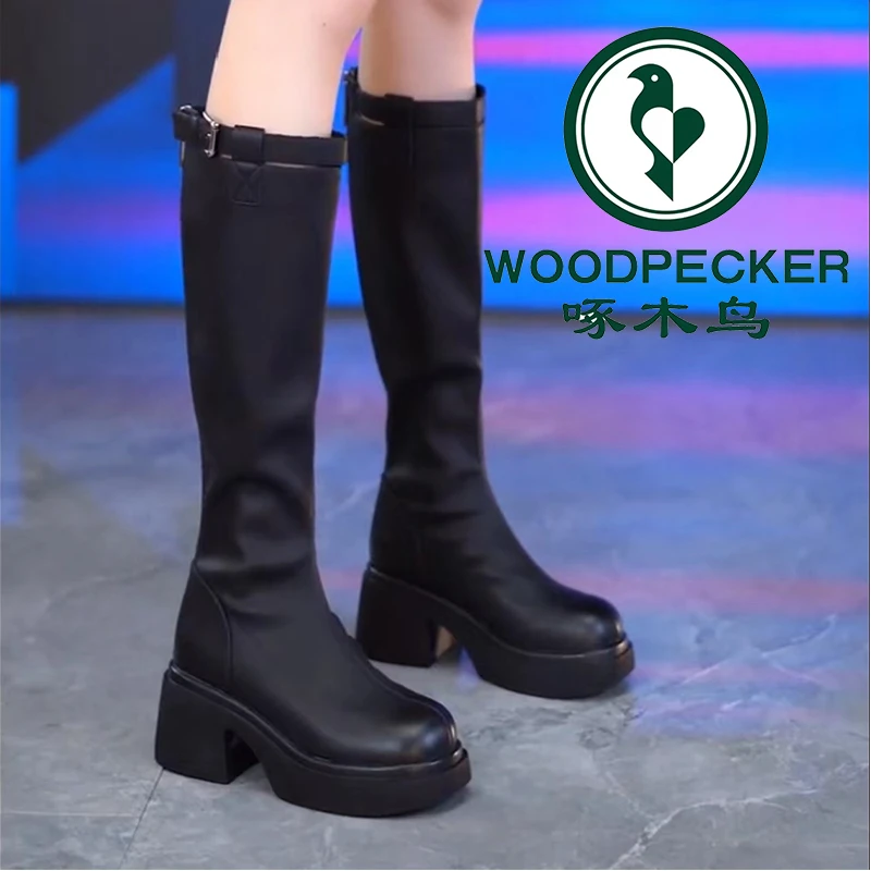 啄木鸟防水台厚底高跟骑士靴女2025秋冬皮带扣高筒显瘦粗跟时装靴