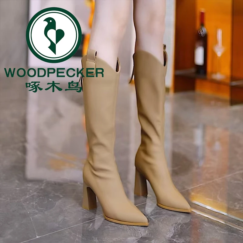 啄木鸟8cm不过膝高跟长靴女2025秋冬新款尖头粗跟气质百搭高筒靴