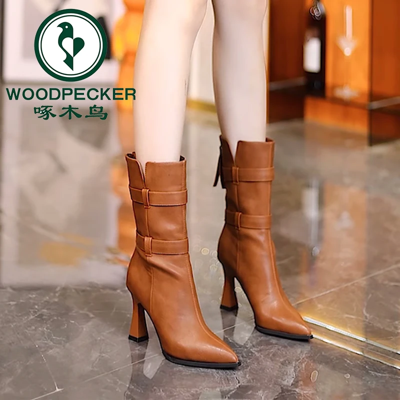 啄木鸟法式尖头高跟短靴粗跟瘦瘦靴女2025秋冬新款气质百搭时装靴