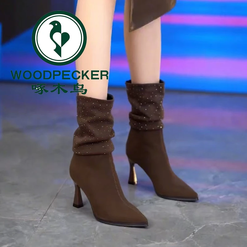 啄木鸟欧美时尚高跟堆堆靴女2025冬季新款尖头短筒瘦瘦靴细跟短靴