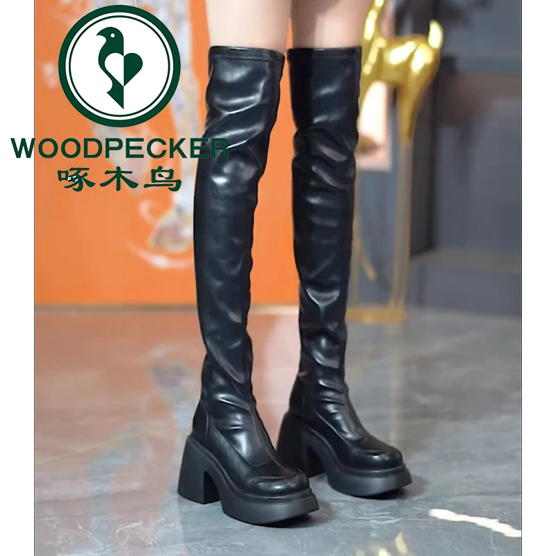啄木鸟厚底高跟长靴女弹力靴2025秋冬新款粗跟百搭显瘦瘦瘦过膝靴