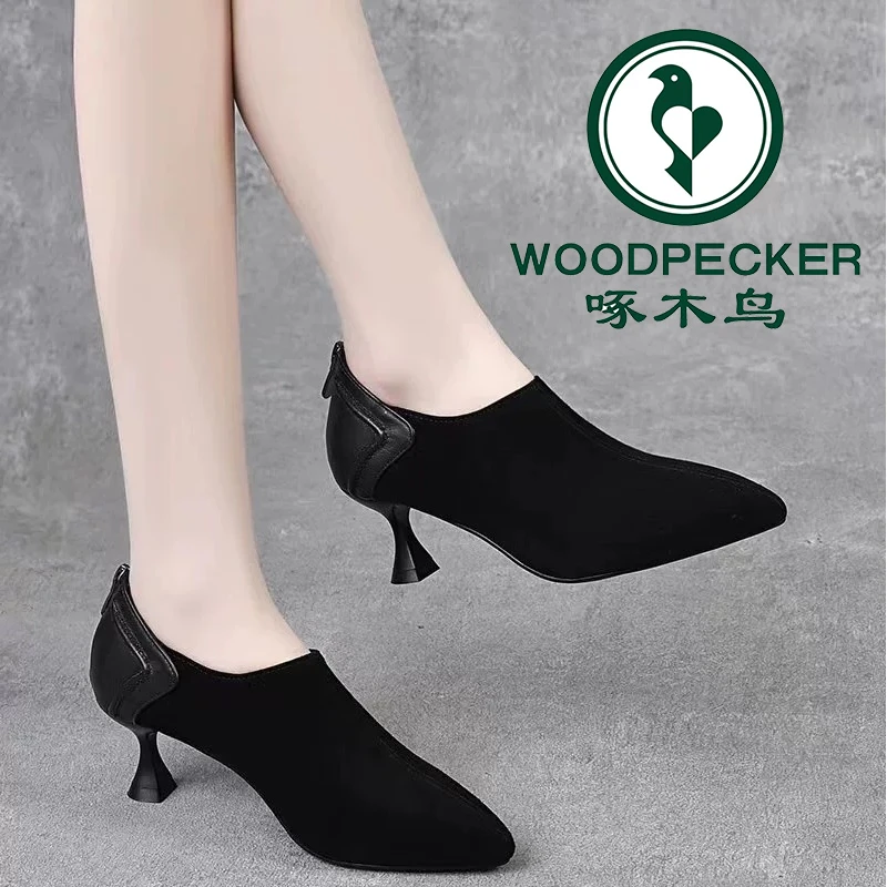 啄木鸟加绒深口磨砂皮鞋女2025年秋冬季新款尖头细跟软皮春秋单靴