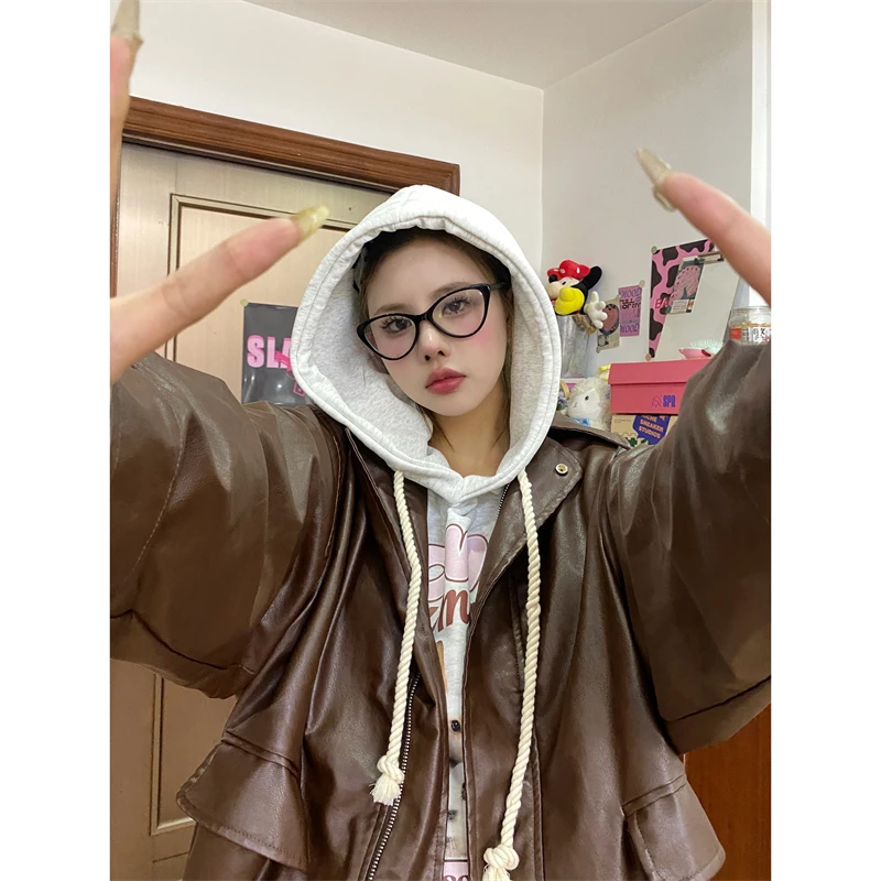 Sixminu小蚊子秋冬美式复古机车皮衣女pu皮重磅宽松外套潮男女潮