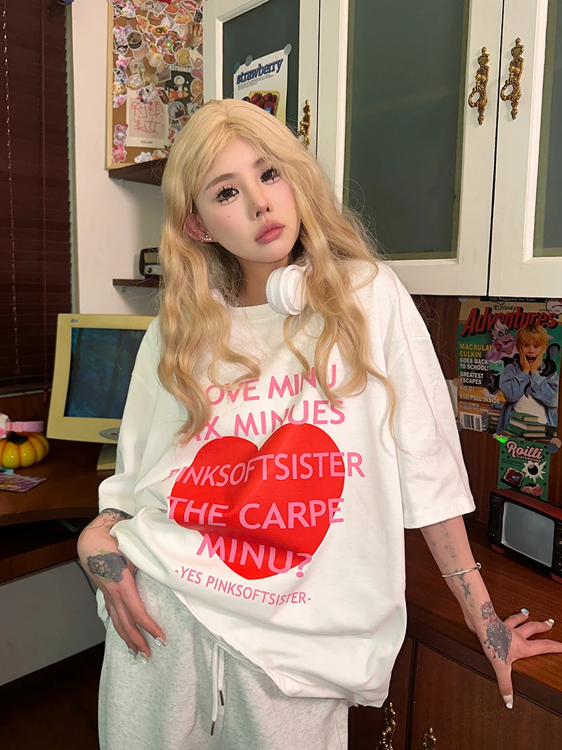 Sixminu小蚊子美式潮牌字母印花爱心T恤情侣宽松百搭圆领短袖纯棉