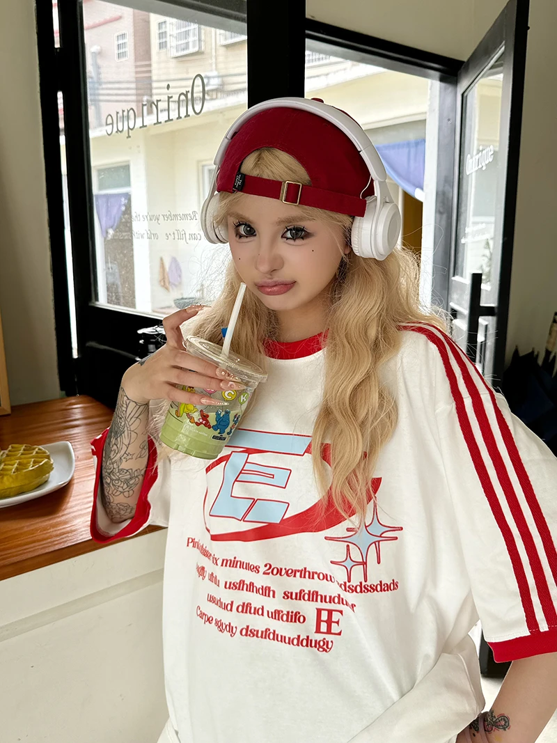 Sixminu小蚊子美式复古潮牌拼接三杠短袖女宽松休闲T恤圆领上衣t