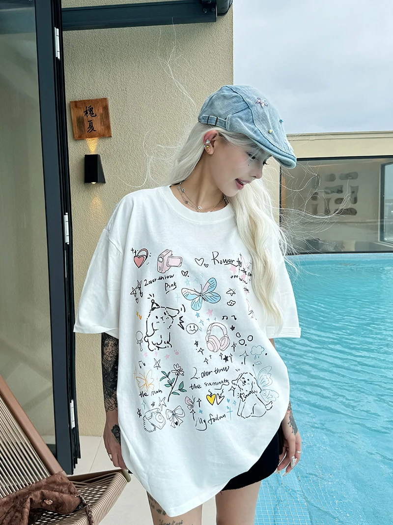 Sixminu重磅潮美式卡通印花女宽松蝴蝶短袖可爱风夏季ins休闲上衣