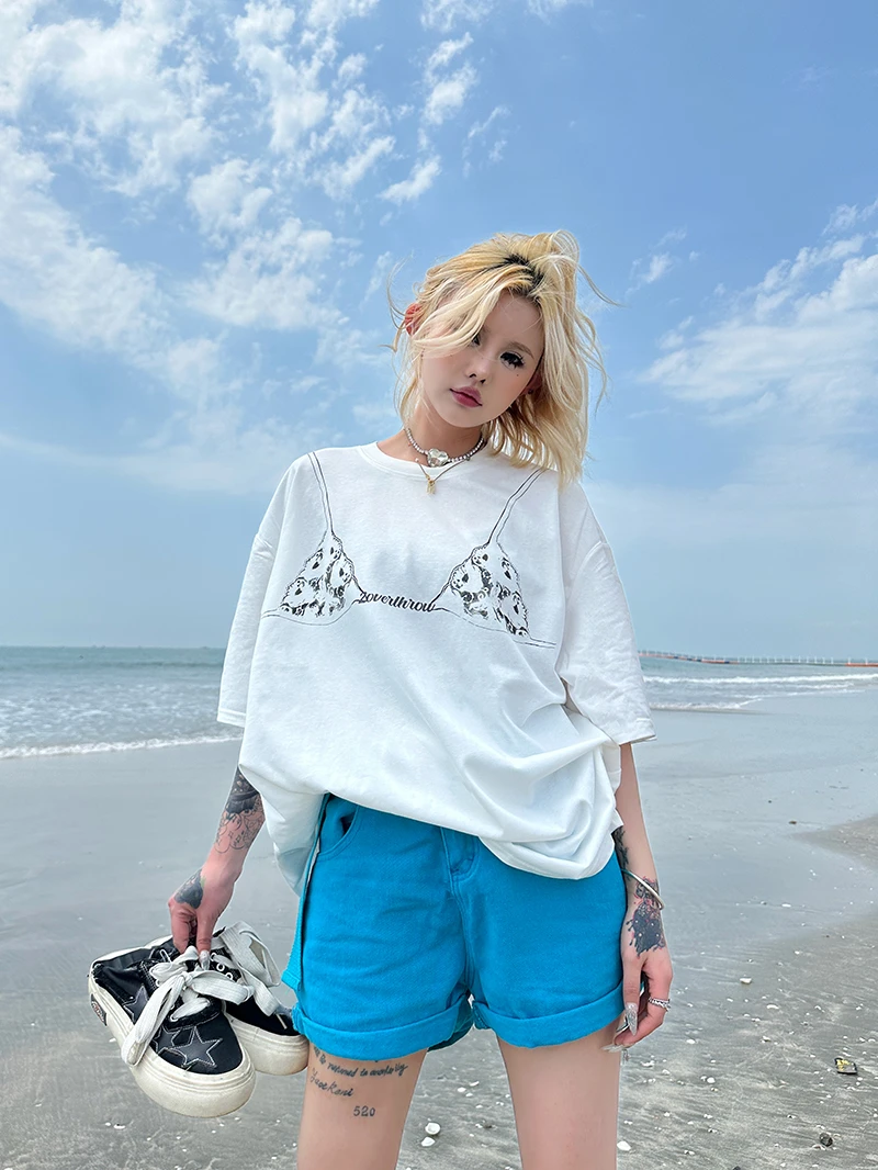 Sixminu 2024潮夏季新款简约比基尼印花短袖宽松休闲t恤情侣半袖T