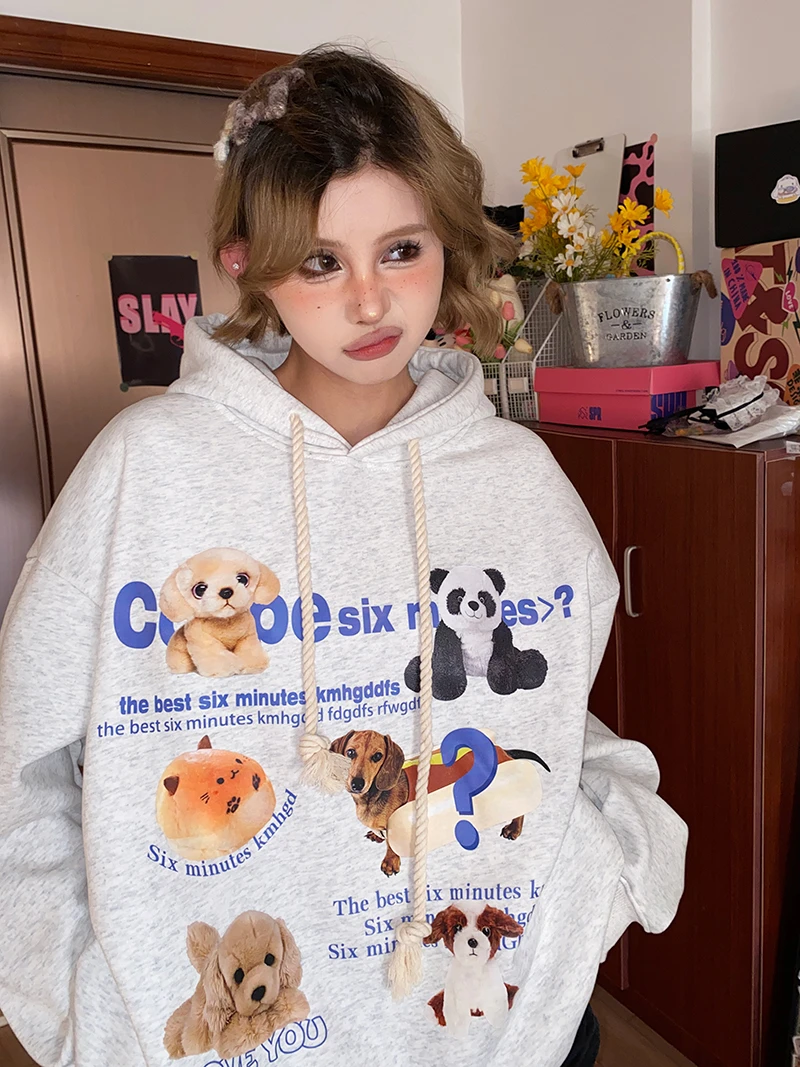 Sixminutes反季宽松卡通卫衣小个子简约卫衣女加绒连帽休闲上衣