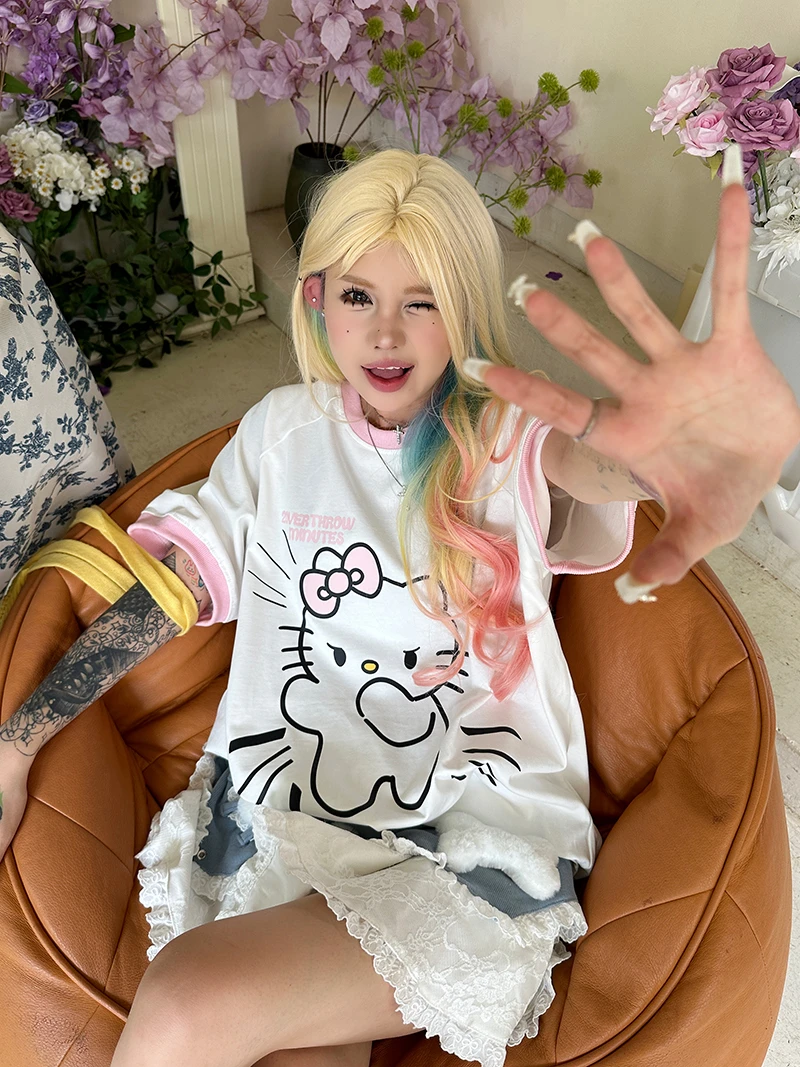 Sixminu小蚊子动漫休闲拼接卡通kt猫T恤女时尚纯棉圆领短袖情侣