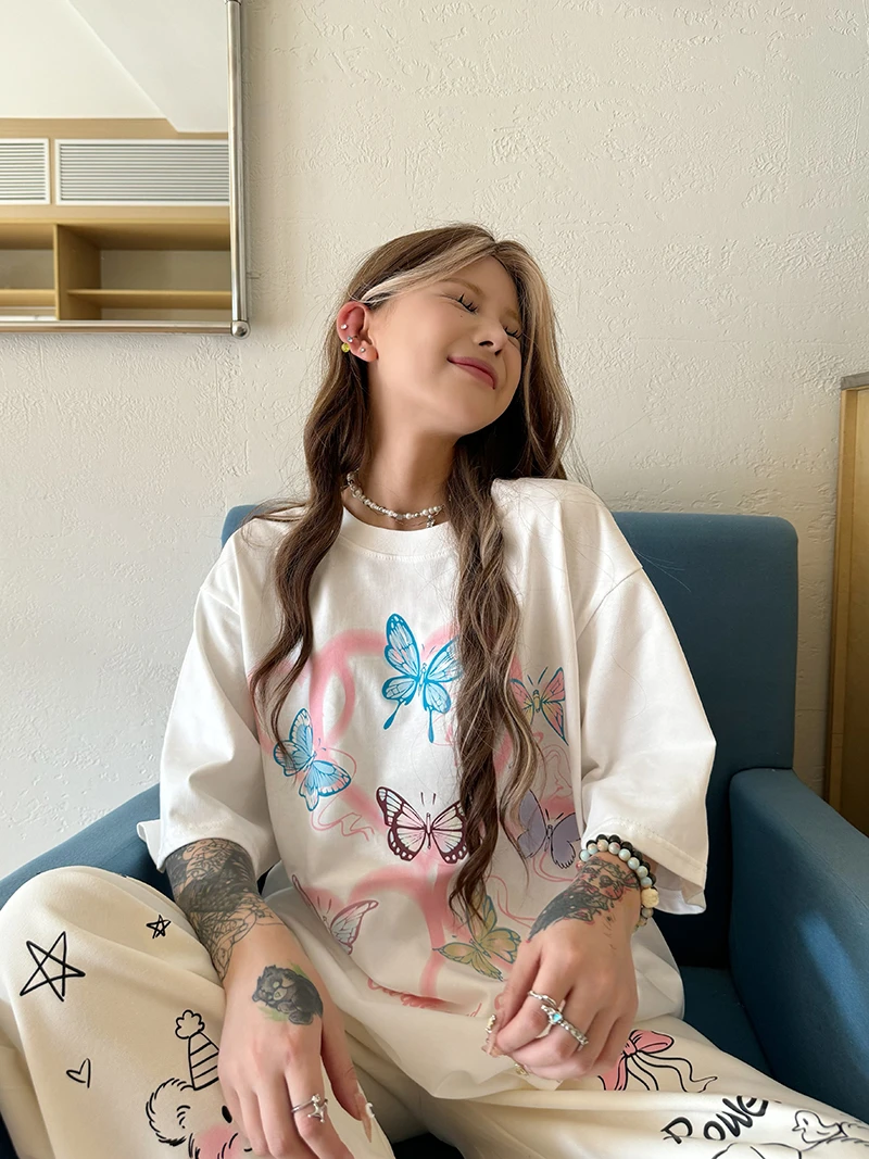 Sixminu 夏季美式蝴蝶爱心T恤女圆领纯棉oversize宽松短袖女休闲t
