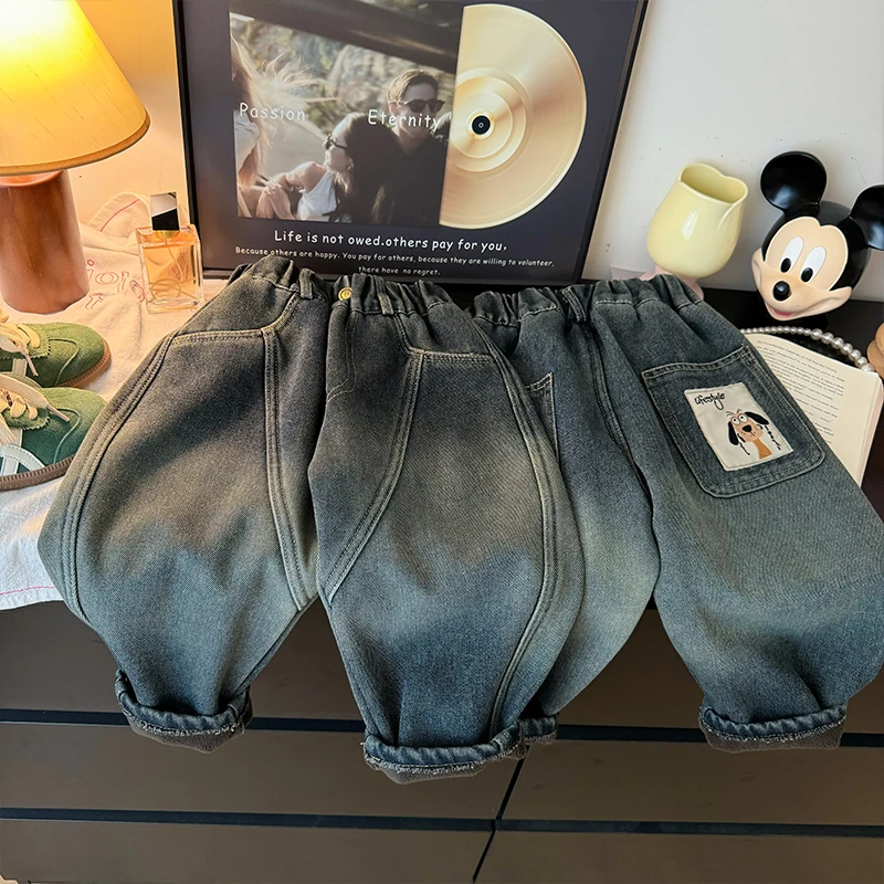 【主播推荐】儿童拼接加绒牛仔裤渐变加厚牛仔休闲裤 NZK24853