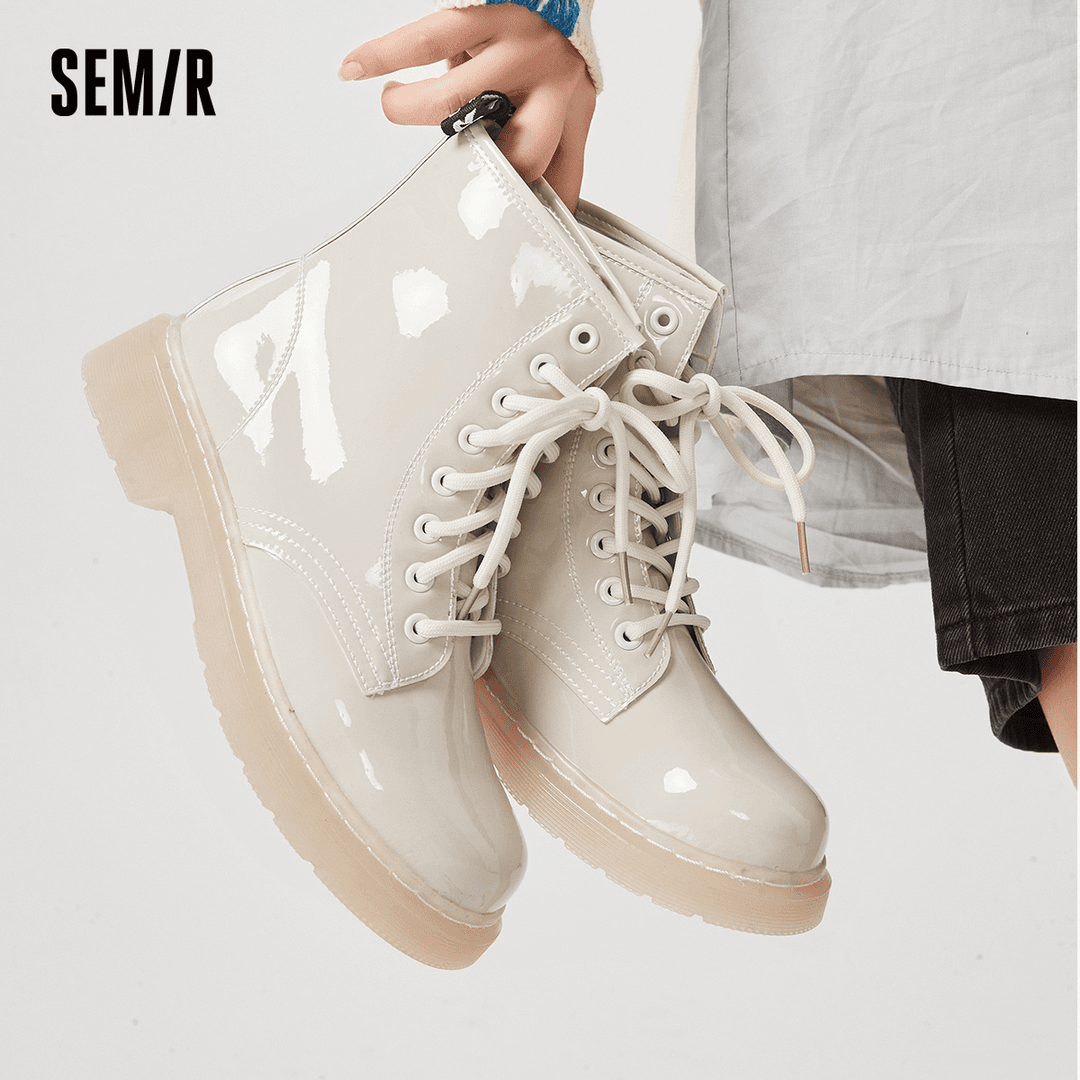 SEMIR/厚底马丁靴女2023新款冬季加绒加厚靴子女白色英伦风短靴女