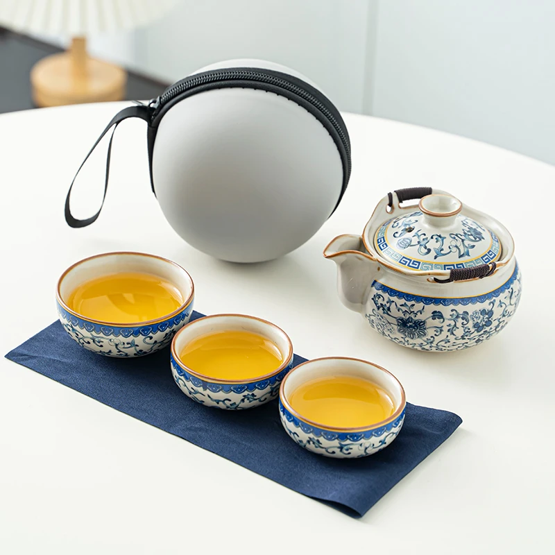 汝窑手抓壶防烫泡茶器便携式旅行茶具一壶三杯户外快客杯商务礼品