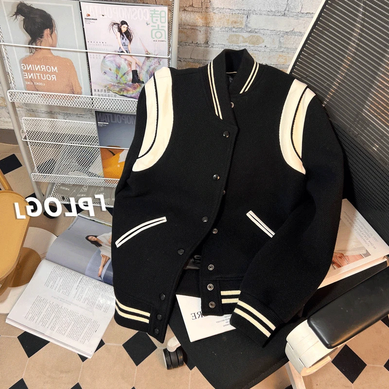 美式黑白撞色棒球服外套女春秋休闲复古高级感小个子短款夹克上衣