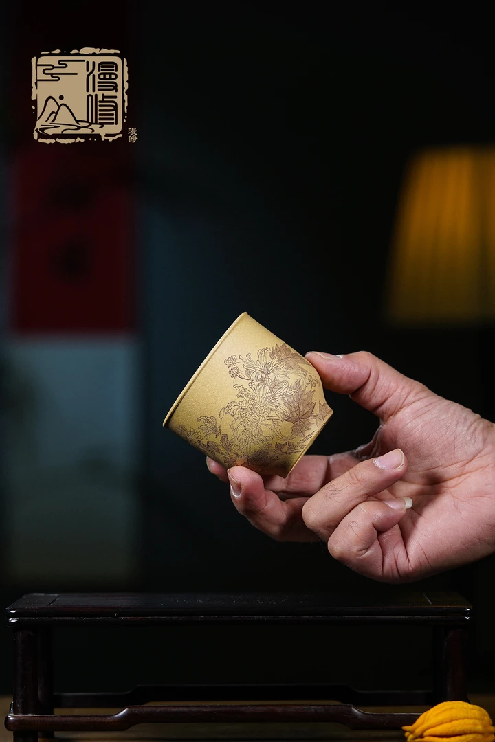 宜兴原矿紫砂主人杯本绿刻绘对杯套组漫修十二花神杯九月菊花