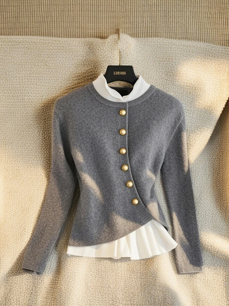 2024年冬季设计感独特漂亮上衣假两件针织衫高级感小香风灰色毛衣