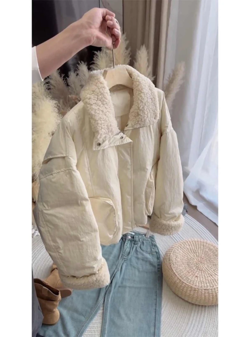 2024秋冬米白色韩版设计感毛毛拼接立领长袖保暖休闲棉服外套女潮
