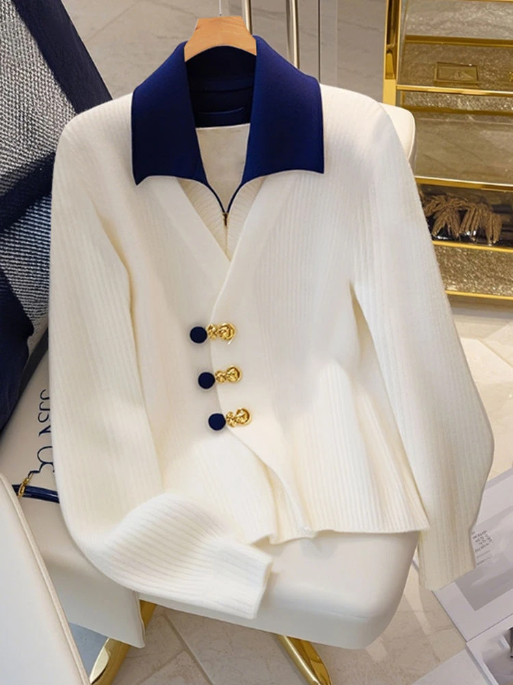 2024秋季白色假两件针织衫上衣女设计感小众高级感气质小香风毛衣