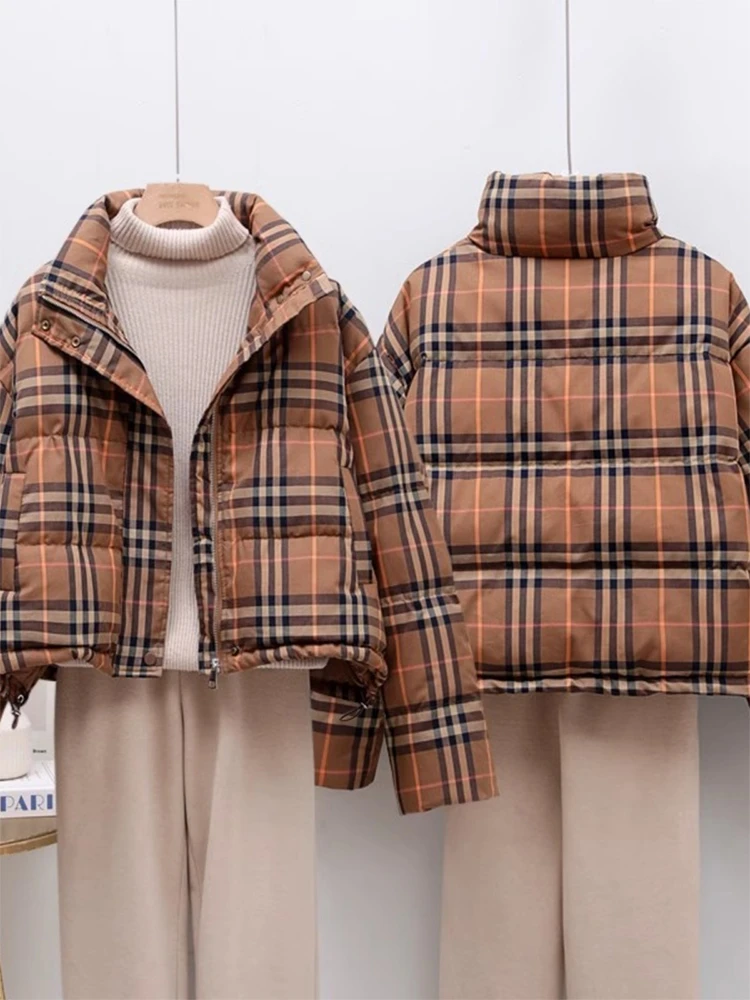 复古格子时尚棉服女立领2024冬季新款加厚保暖面包服短款夹克外套