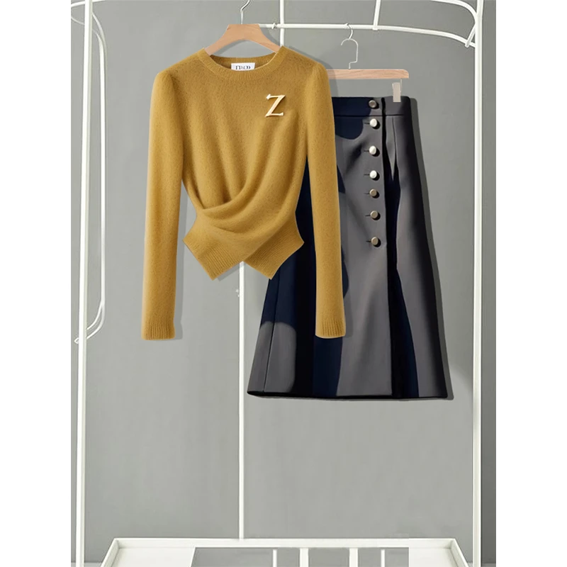 秋季时尚套装女2024秋季新款圆领修身针织衫A字长裙赫本风两件套