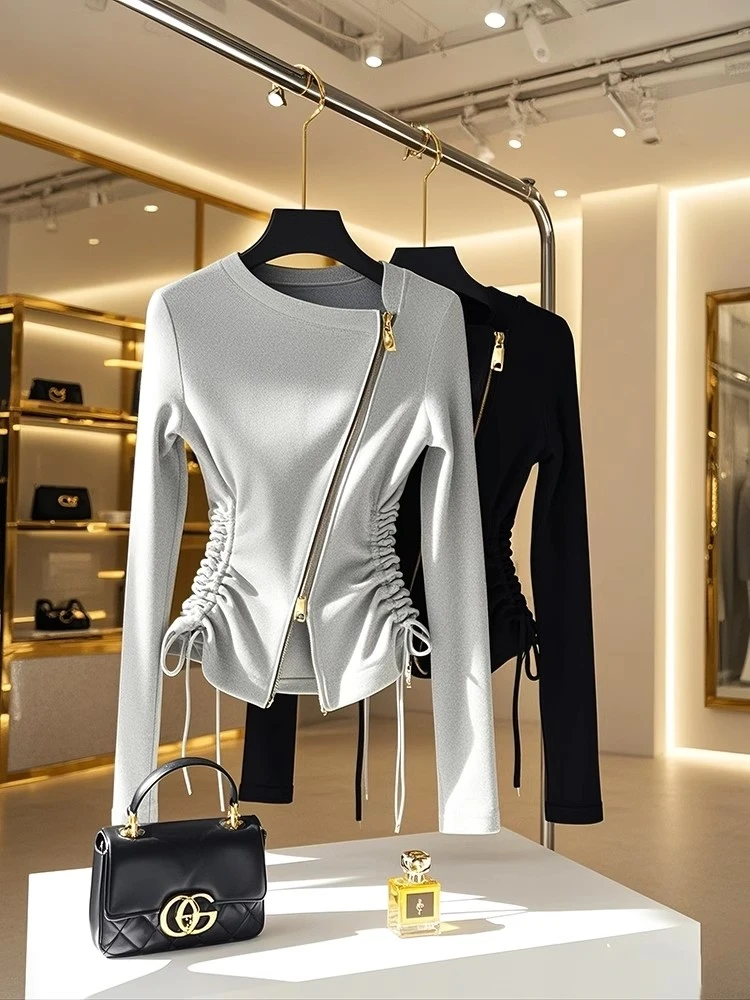 小众不撞款灰色斜拉链卫衣外套女款2024冬季抽绳收腰显瘦内搭上衣