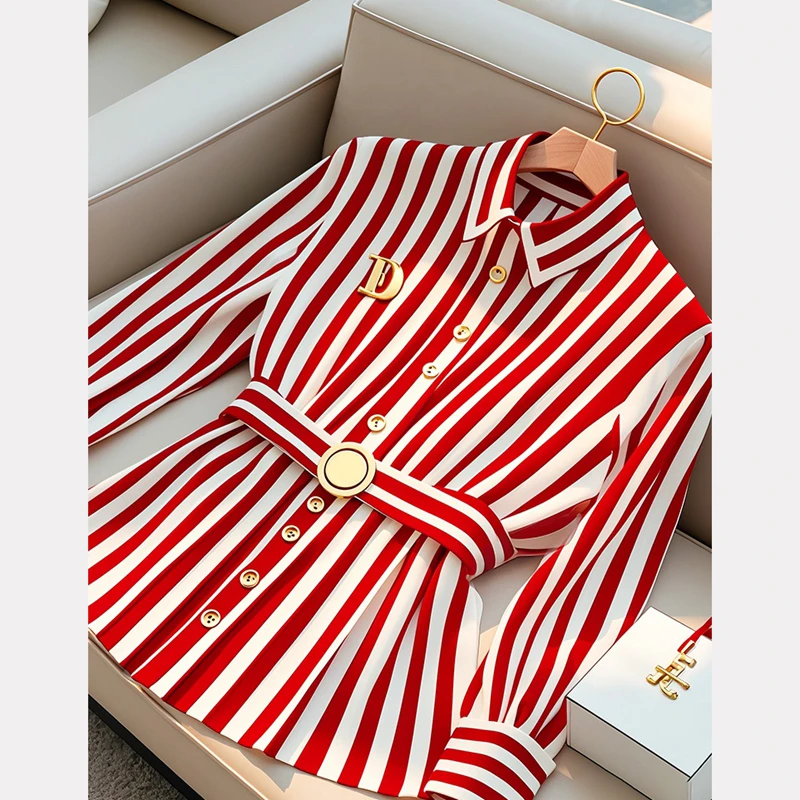 法式高级感小香风红色条纹衬衫女装高级感超好看气质收腰上衣早秋
