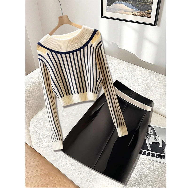 秋冬2024新款法式洋气穿搭条纹针织毛衣高腰显瘦半身裙绝美两件套